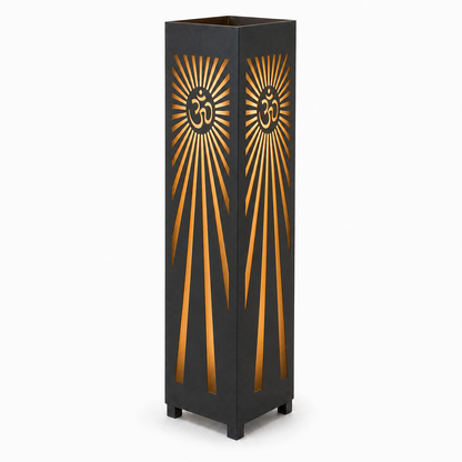 Design 162 black laser cut metal garden light tower with warm LED glow on white background