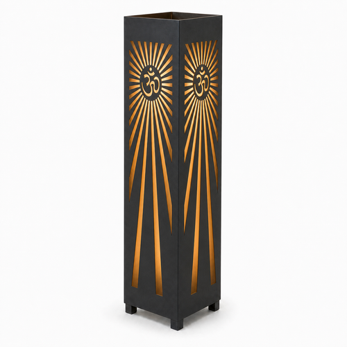 Design 162 black laser cut metal garden light tower with warm LED glow on white background