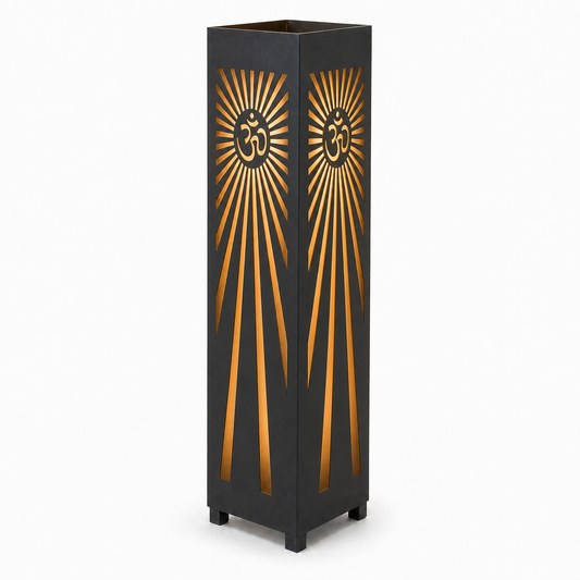 Design 162 black laser cut metal garden light tower with warm LED glow on white background
