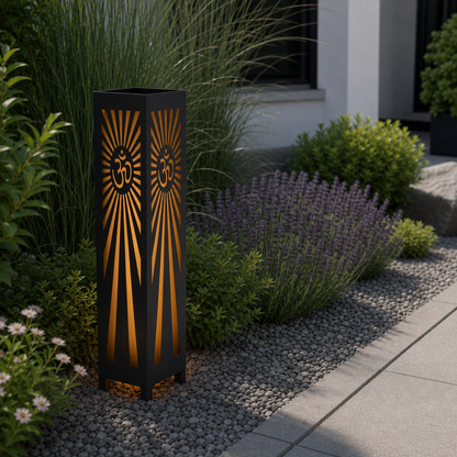 Design 162 laser cut garden light pillar installed in landscaped patio during daytime