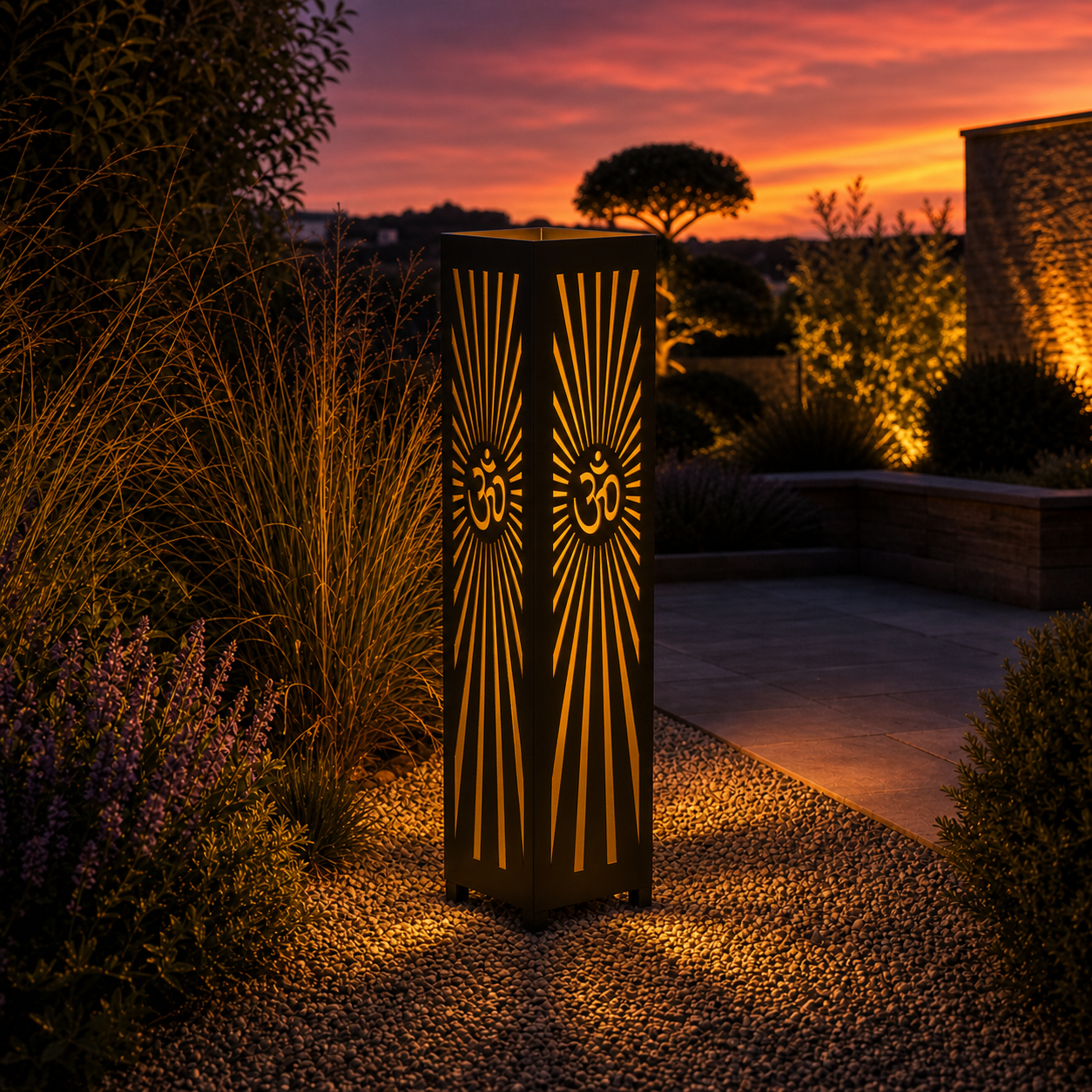 Design 162 outdoor decorative LED light column glowing at dusk in garden setting