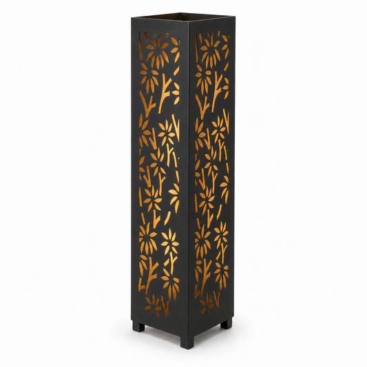 Design 163 black laser cut metal garden light tower with warm LED glow on white background
