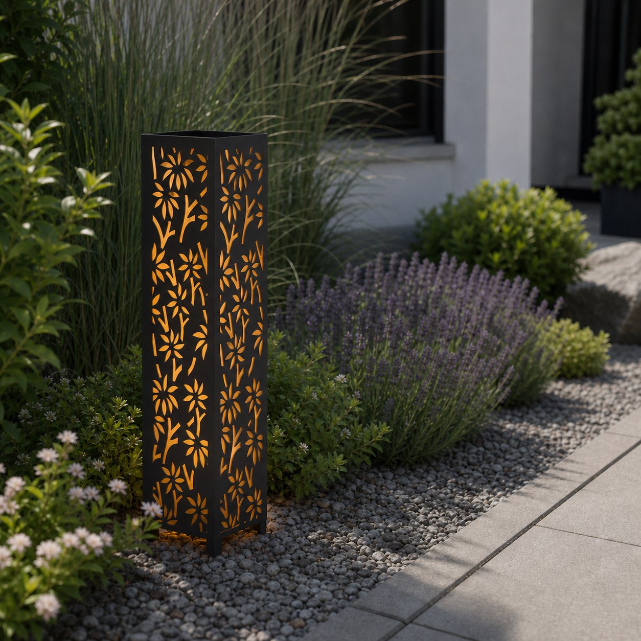 Design 163 laser cut garden light pillar installed in landscaped patio during daytime