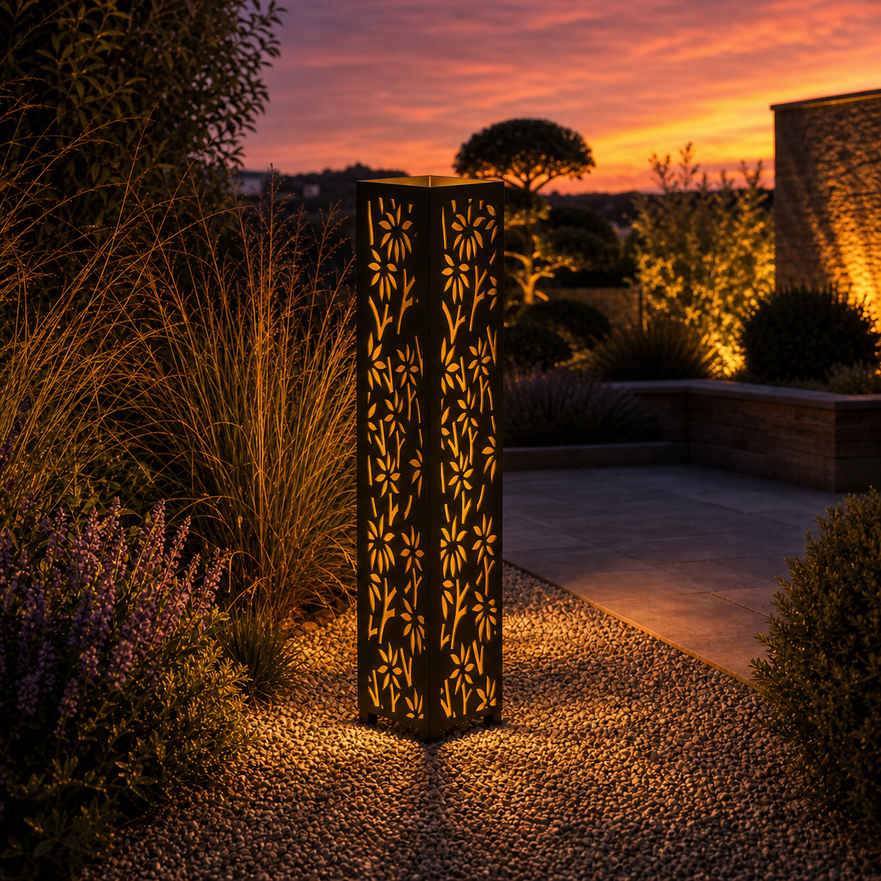 Design 163 outdoor decorative LED light column glowing at dusk in garden setting