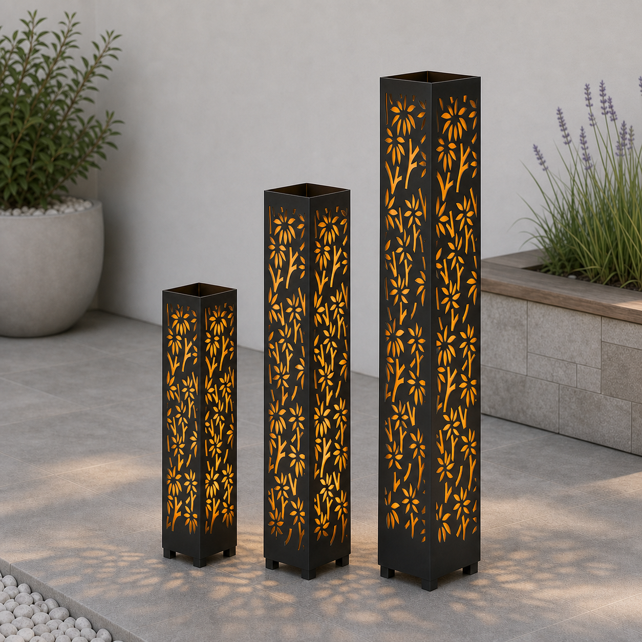 Design 163 laser cut garden light tower three size comparison