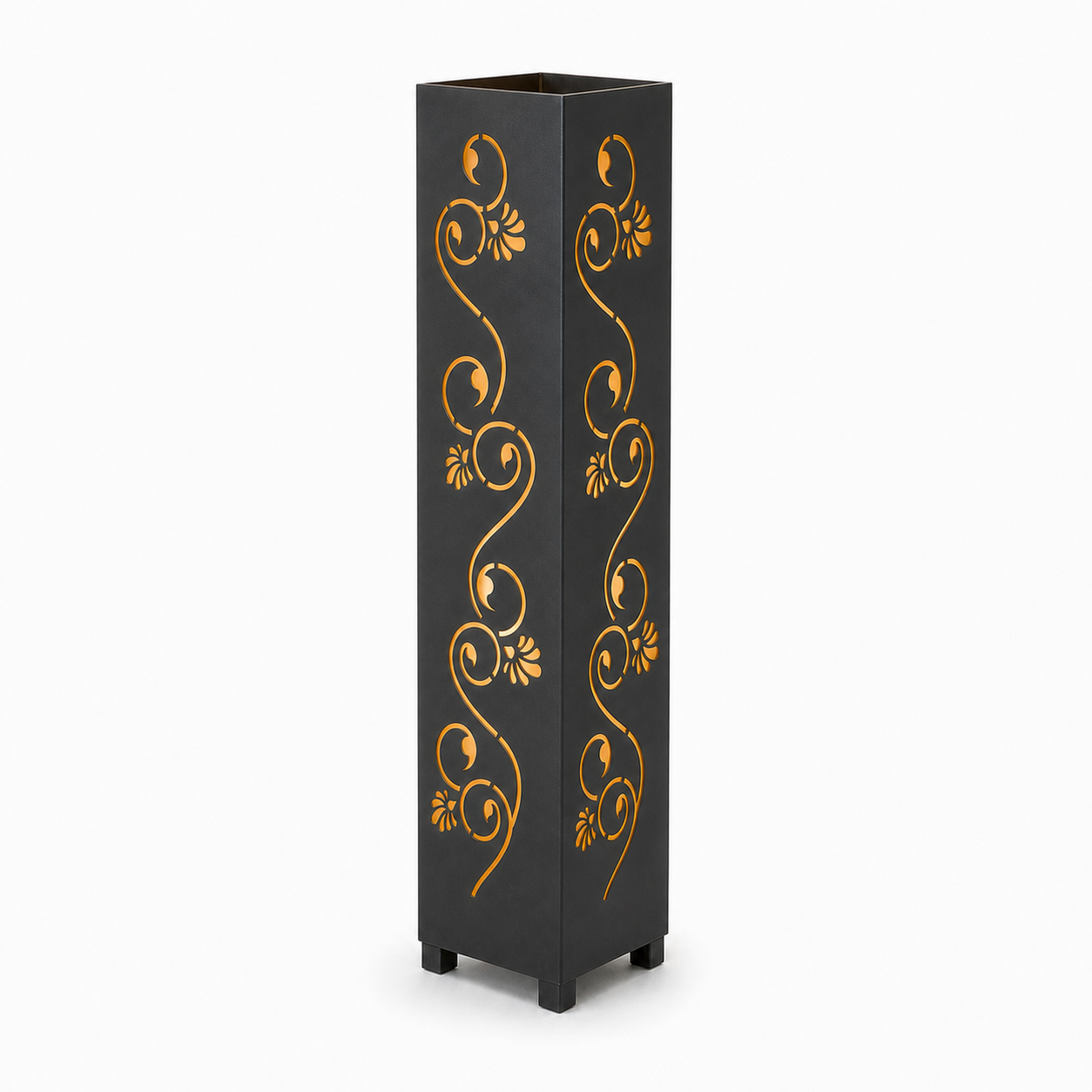Design 172 black laser cut metal garden light tower with warm LED glow on white background