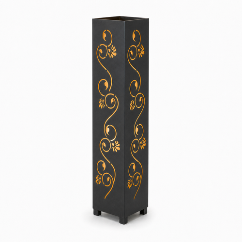 Design 172 black laser cut metal garden light tower with warm LED glow on white background