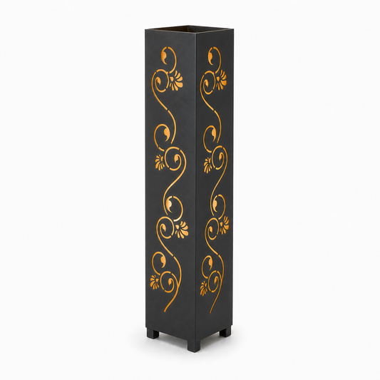 Design 172 black laser cut metal garden light tower with warm LED glow on white background
