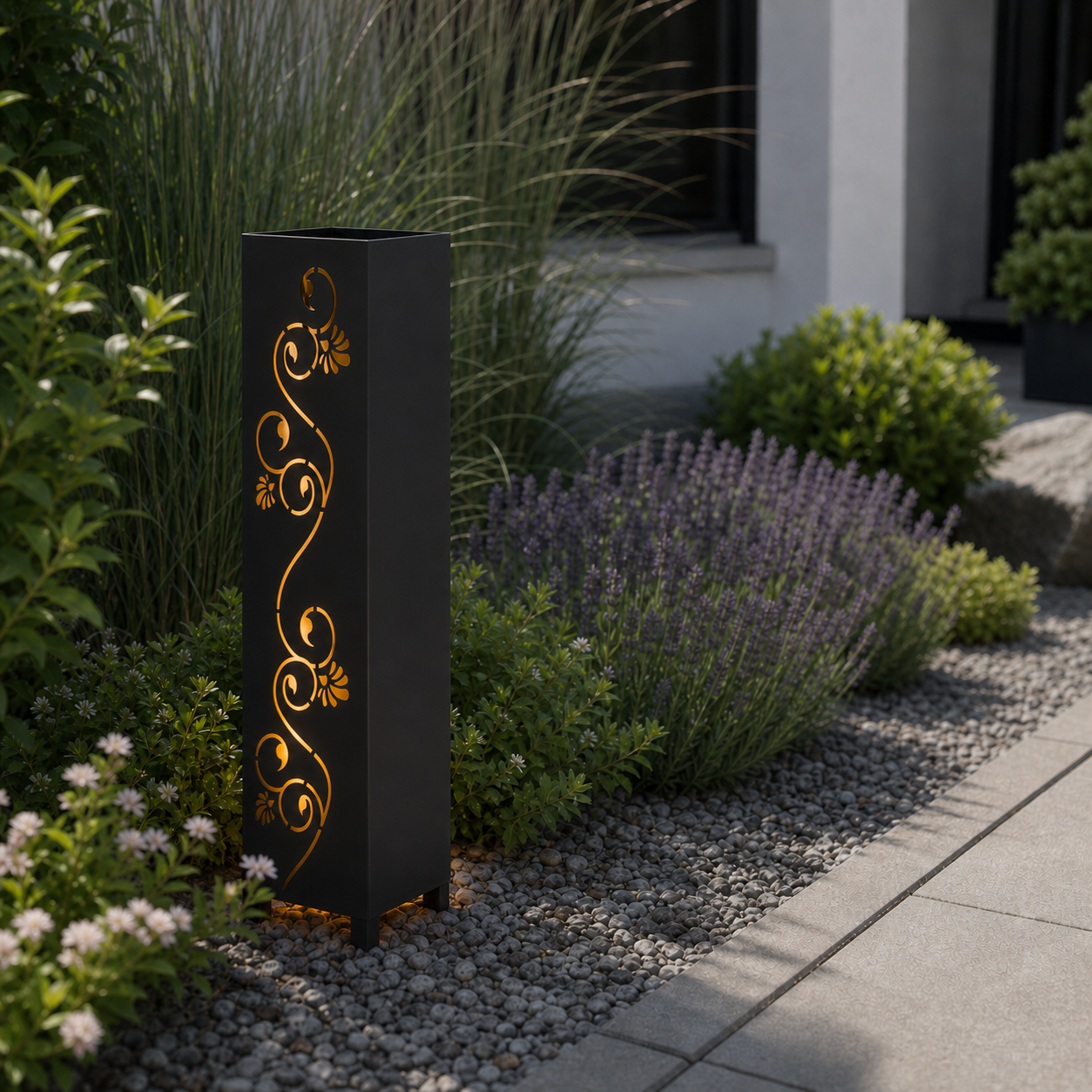 Design 172 laser cut garden light pillar installed in landscaped patio during daytime