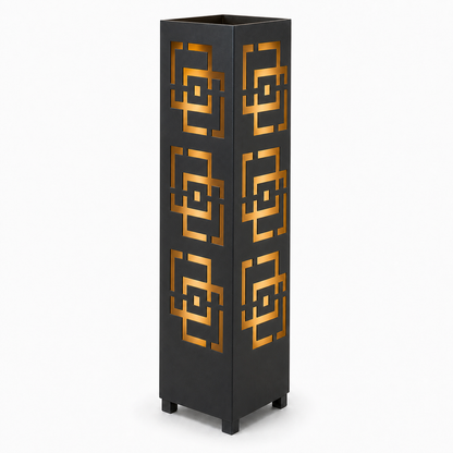 Design 173 black laser cut metal garden light tower with warm LED glow on white background