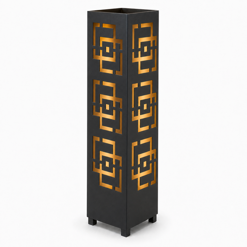 Design 173 black laser cut metal garden light tower with warm LED glow on white background