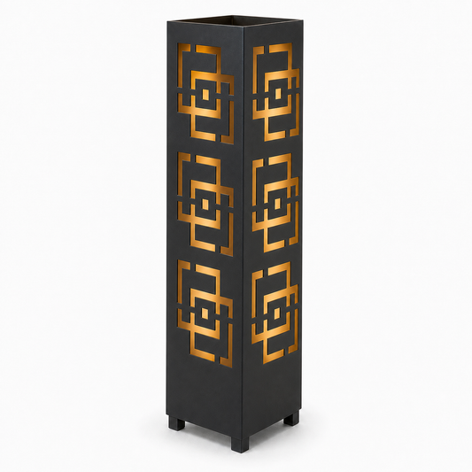 Design 173 black laser cut metal garden light tower with warm LED glow on white background