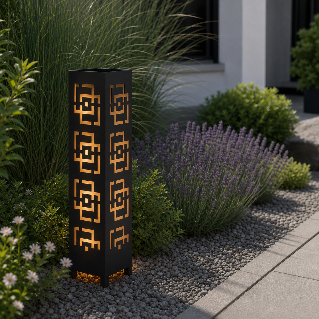 Design 173 laser cut garden light pillar installed in landscaped patio during daytime