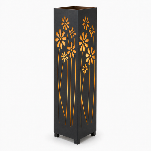 Design 174 black laser cut metal garden light tower with warm LED glow on white background