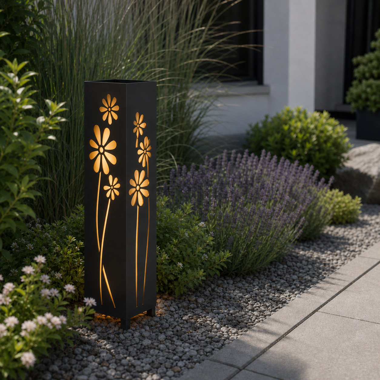 Design 174 laser cut garden light pillar installed in landscaped patio during daytime