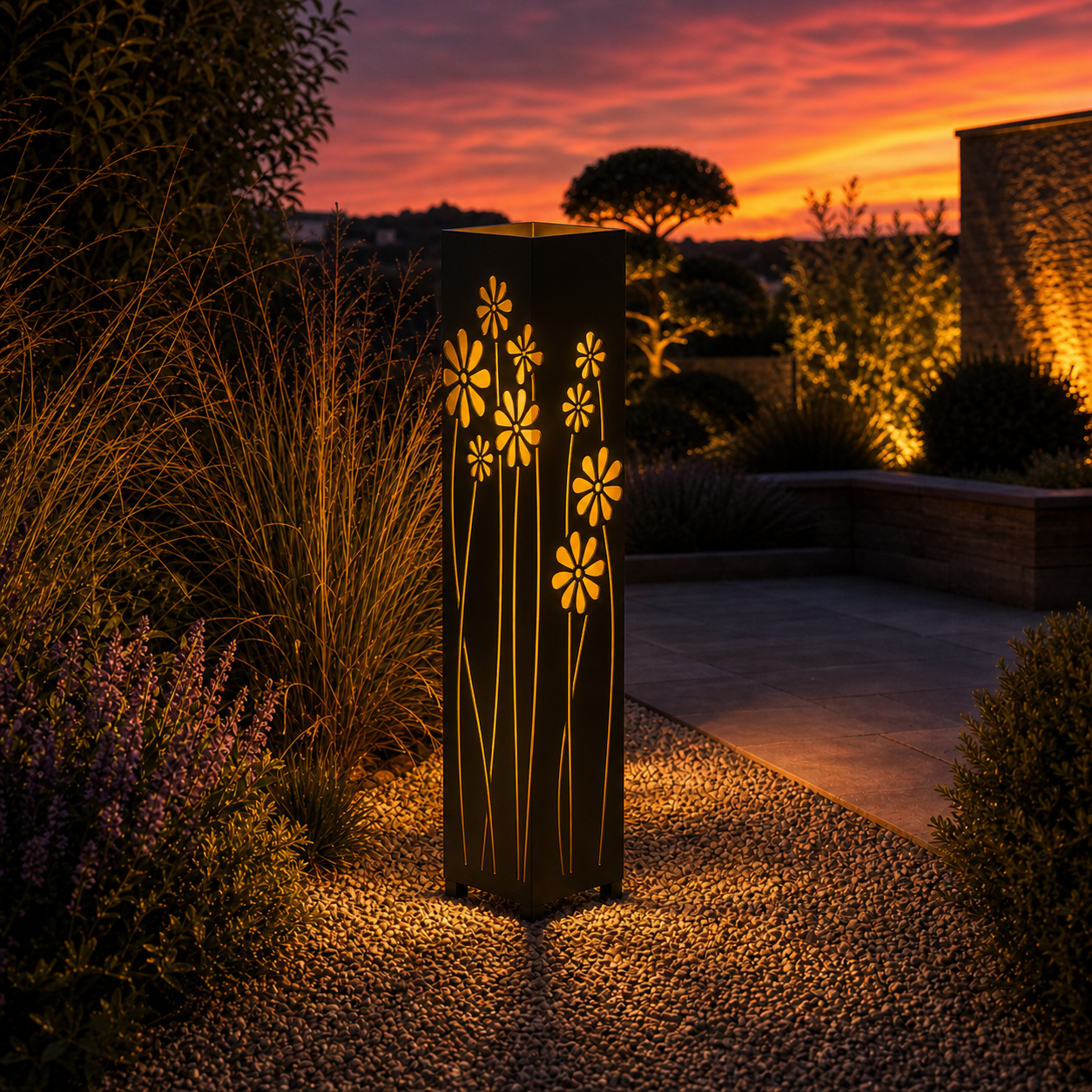 Design 174 outdoor decorative LED light column glowing at dusk in garden setting