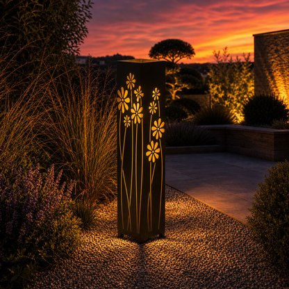 Design 174 outdoor decorative LED light column glowing at dusk in garden setting