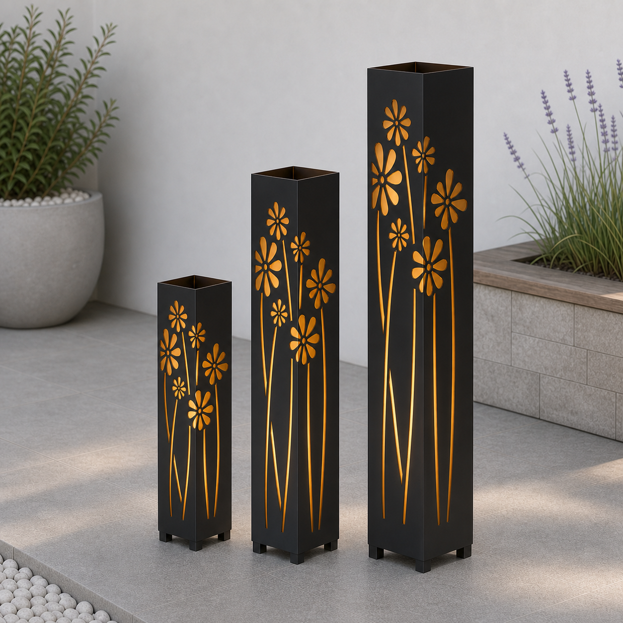 Design 174 laser cut garden light tower three size comparison