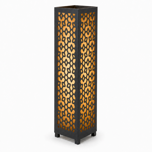 Design 175 black laser cut metal garden light tower with warm LED glow on white background
