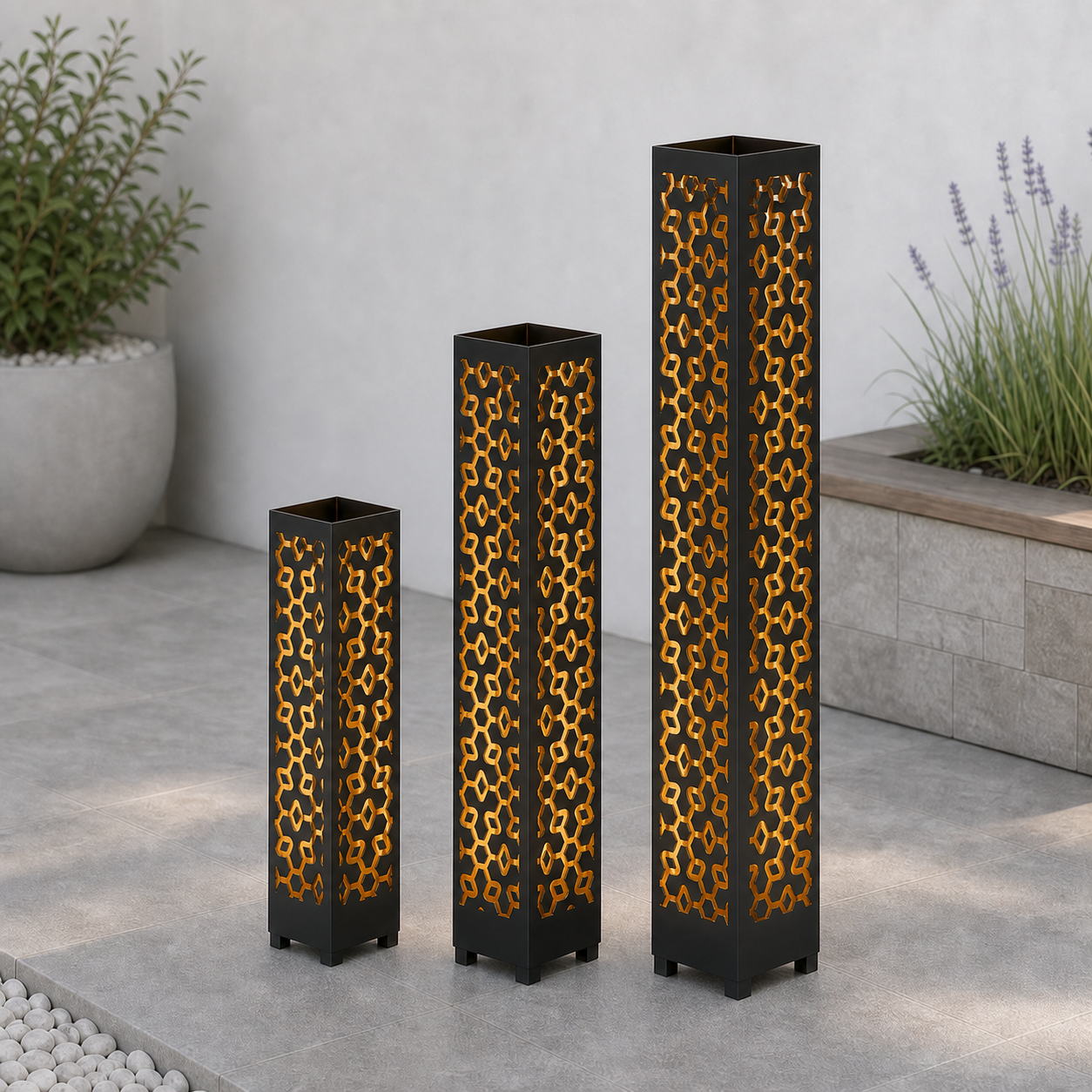 Design 175 laser cut garden light tower three size comparison