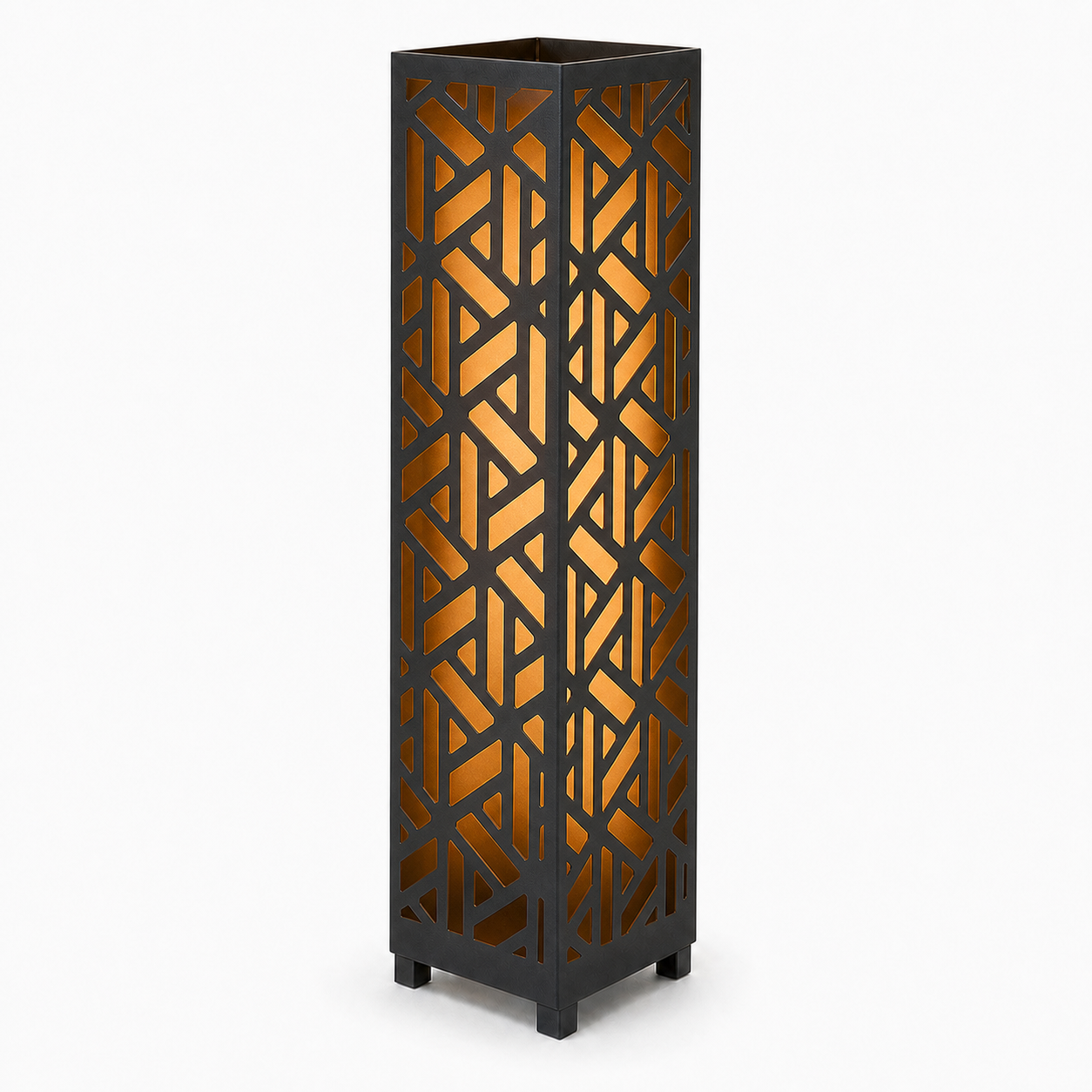 Design 176 black laser cut metal garden light tower with warm LED glow on white background