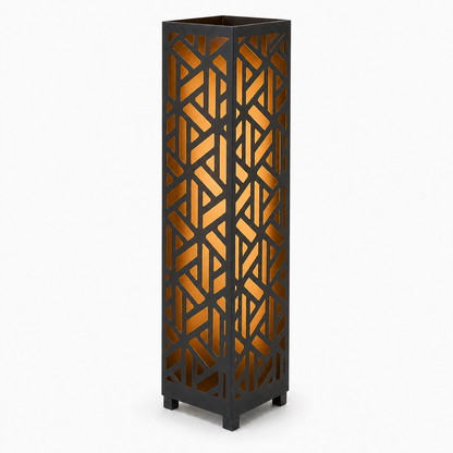 Design 176 black laser cut metal garden light tower with warm LED glow on white background