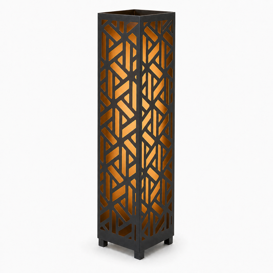 Design 176 black laser cut metal garden light tower with warm LED glow on white background