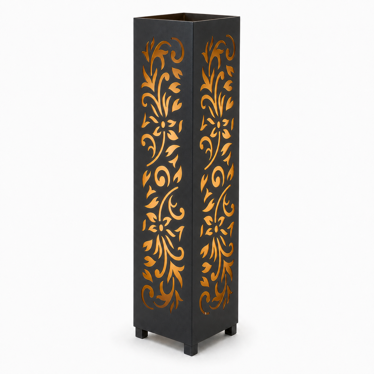 Design 177 black laser cut metal garden light tower with warm LED glow on white background