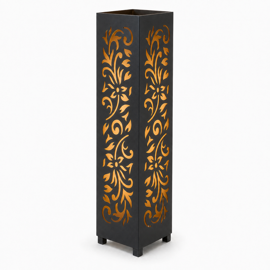 Design 177 black laser cut metal garden light tower with warm LED glow on white background