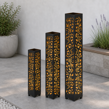 Design 177 laser cut garden light tower three size comparison