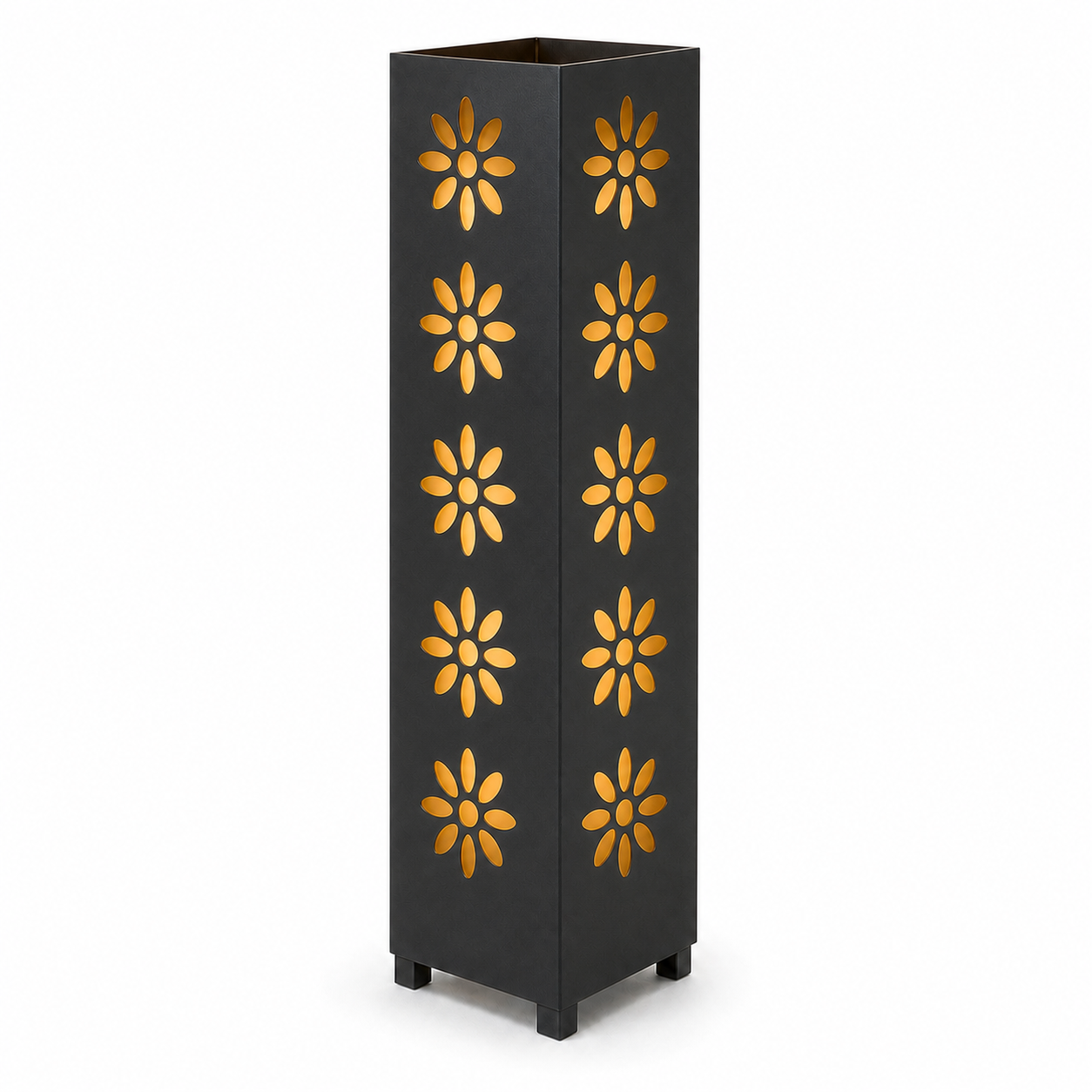Design 178 black laser cut metal garden light tower with warm LED glow on white background