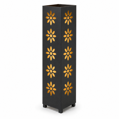 Design 178 black laser cut metal garden light tower with warm LED glow on white background