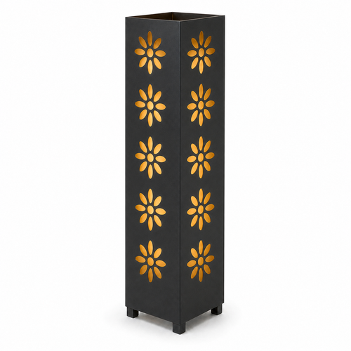 Design 178 black laser cut metal garden light tower with warm LED glow on white background