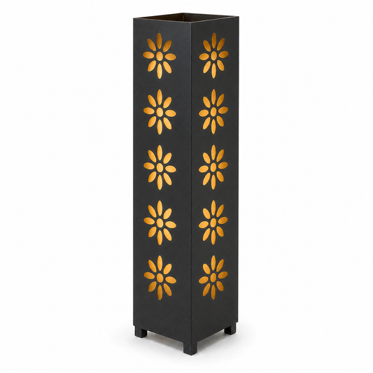 Design 178 black laser cut metal garden light tower with warm LED glow on white background