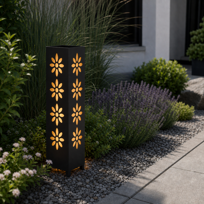 Design 178 laser cut garden light pillar installed in landscaped patio during daytime