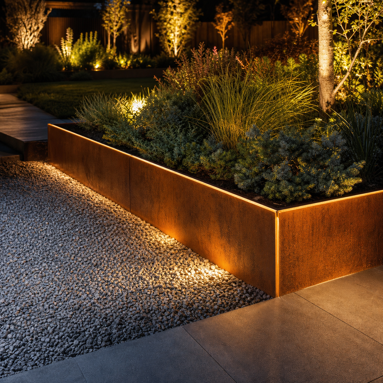 Low corten garden wall metal edging panels installed with warm architectural landscape lighting at night