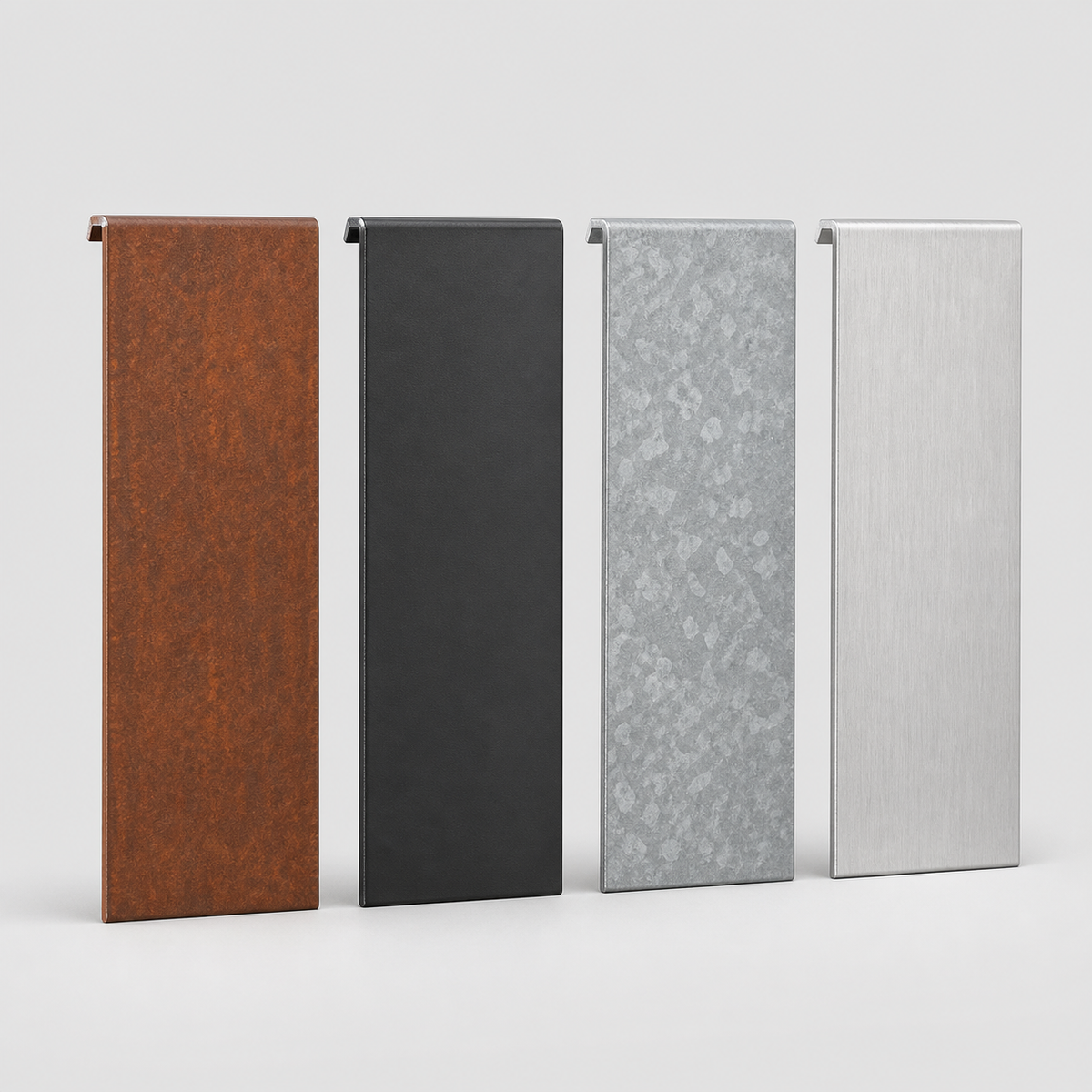 Metal garden edging finish samples in corten black galvanized and aluminum