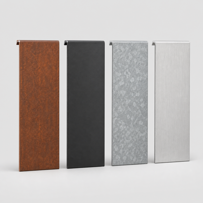 Metal garden edging finish samples in corten black galvanized and aluminum