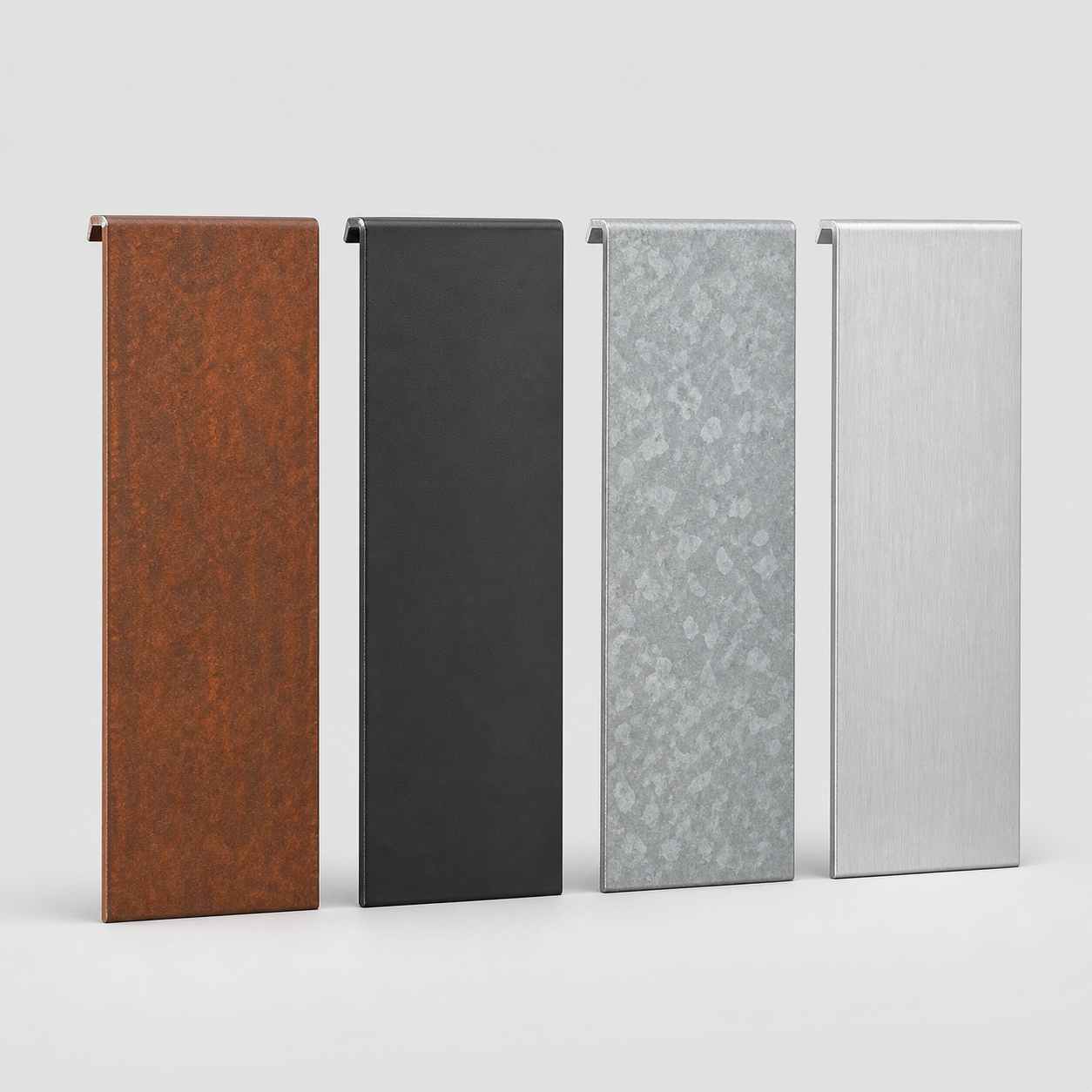 Metal garden edging finish samples in corten black galvanized and aluminum