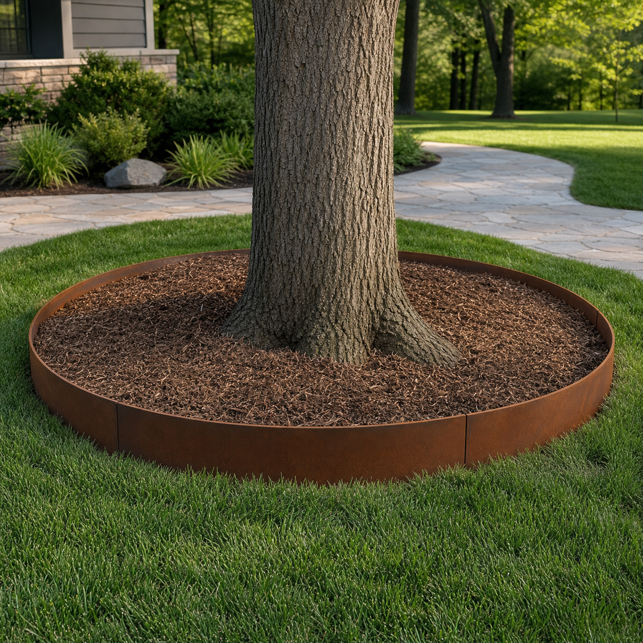 Corten metal tree ring garden edging installed around a tree with mulch in daylight