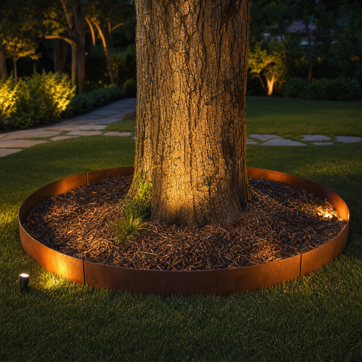 Corten metal tree ring garden edging installed around a tree with warm landscape lighting at night