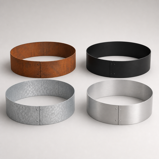 Metal tree ring garden edging in corten black galvanized and aluminum finishes