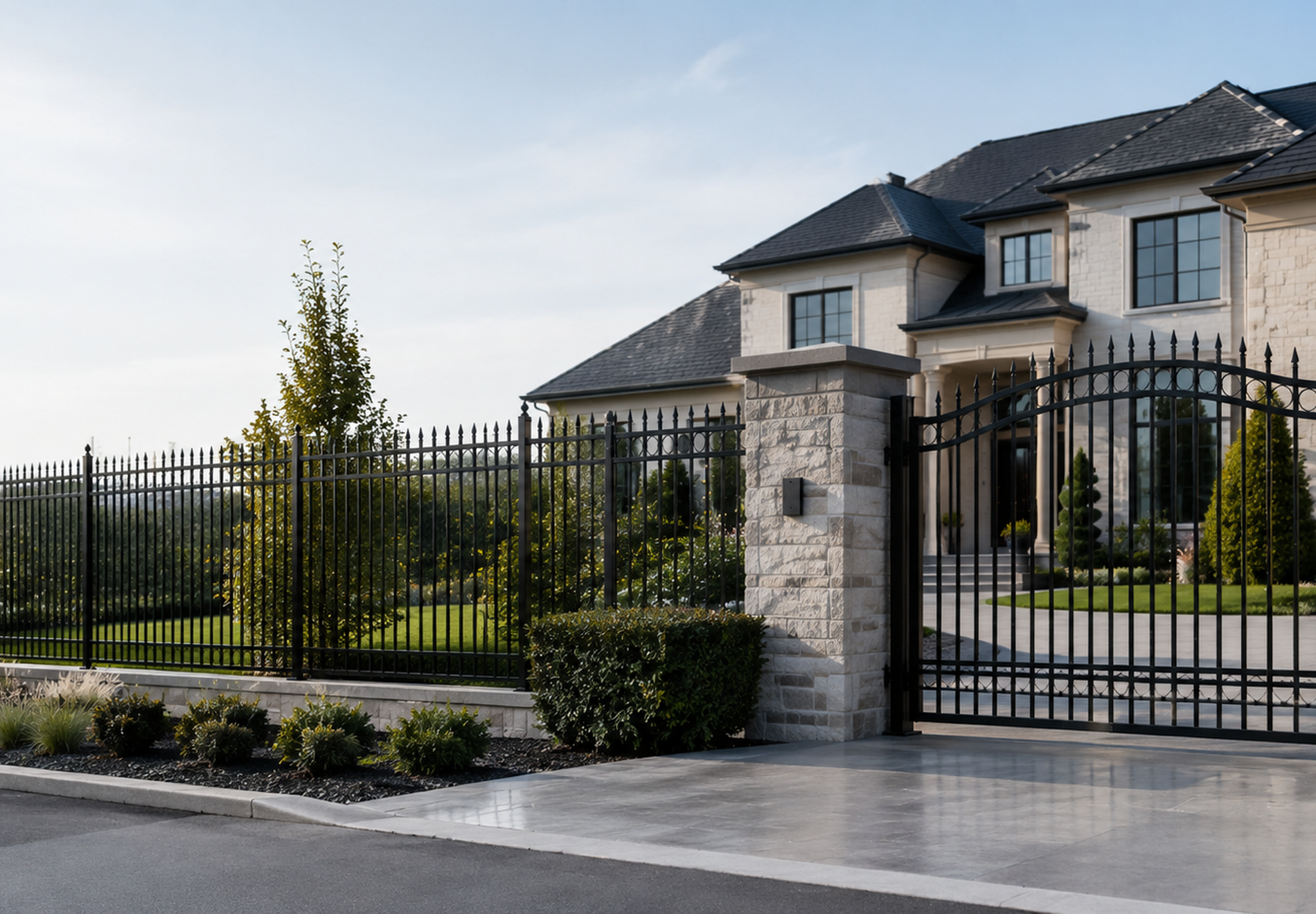 Black ornamental metal fencing and driveway gate at a luxury residential estate