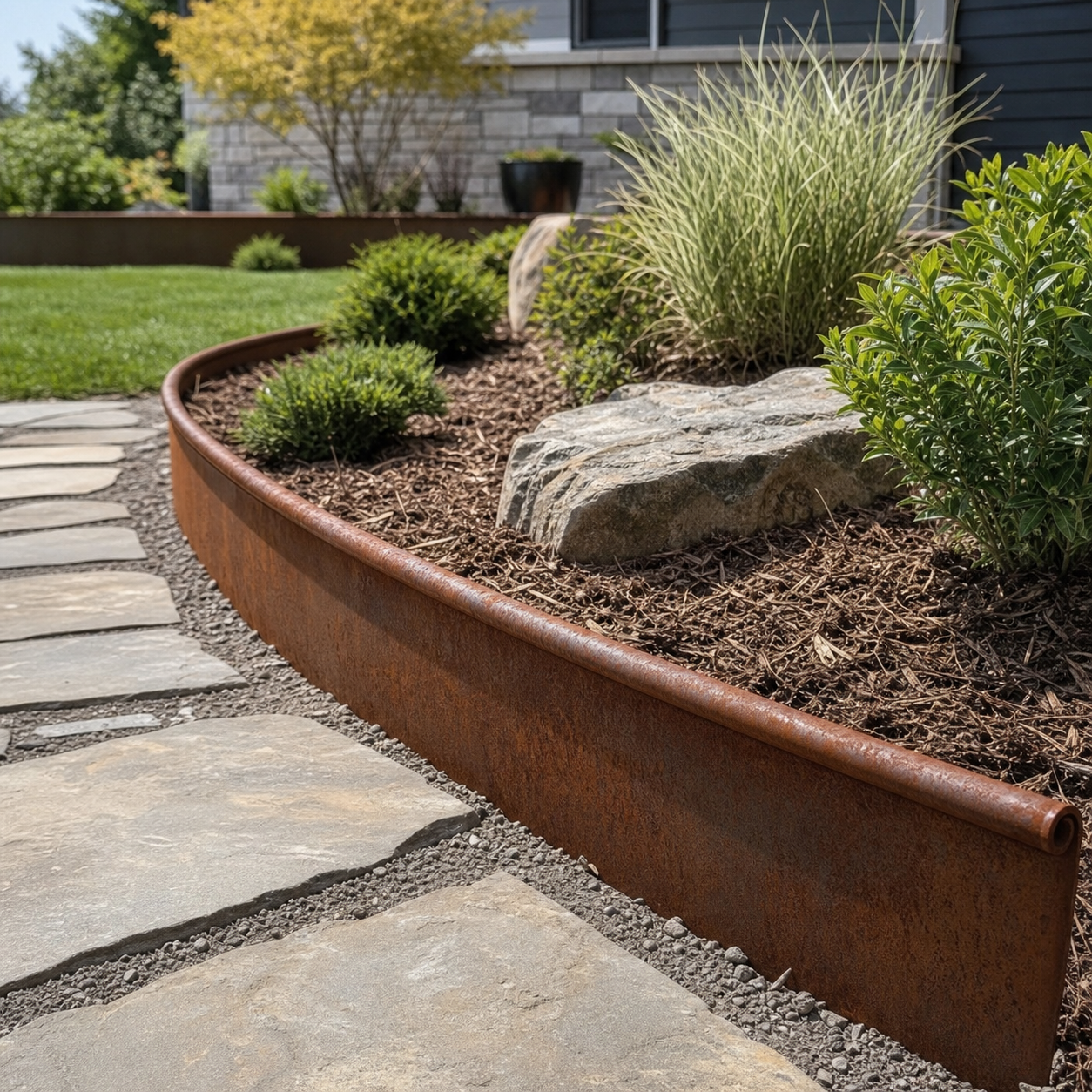 Roll-top corten metal garden edging installed along a curved planting bed in daylight