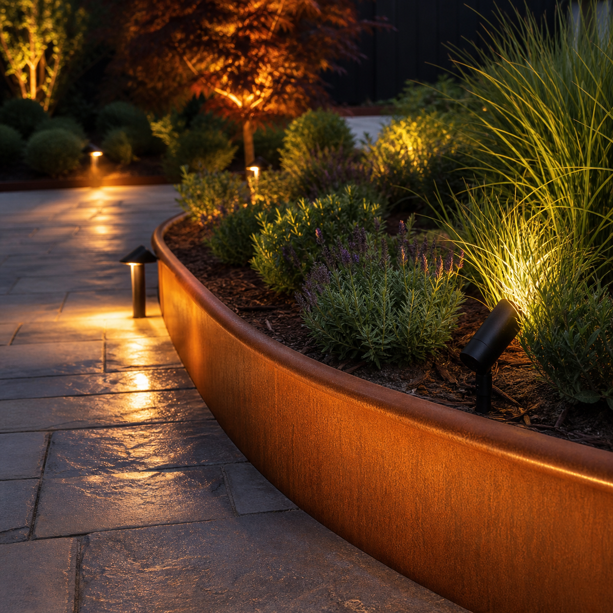 Roll-top corten metal garden edging installed with warm landscape lighting at night