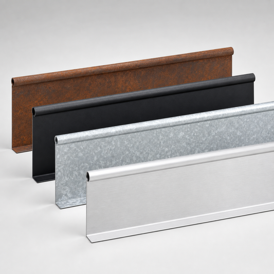 Roll-top metal garden edging panels in corten black galvanized and aluminum finishes