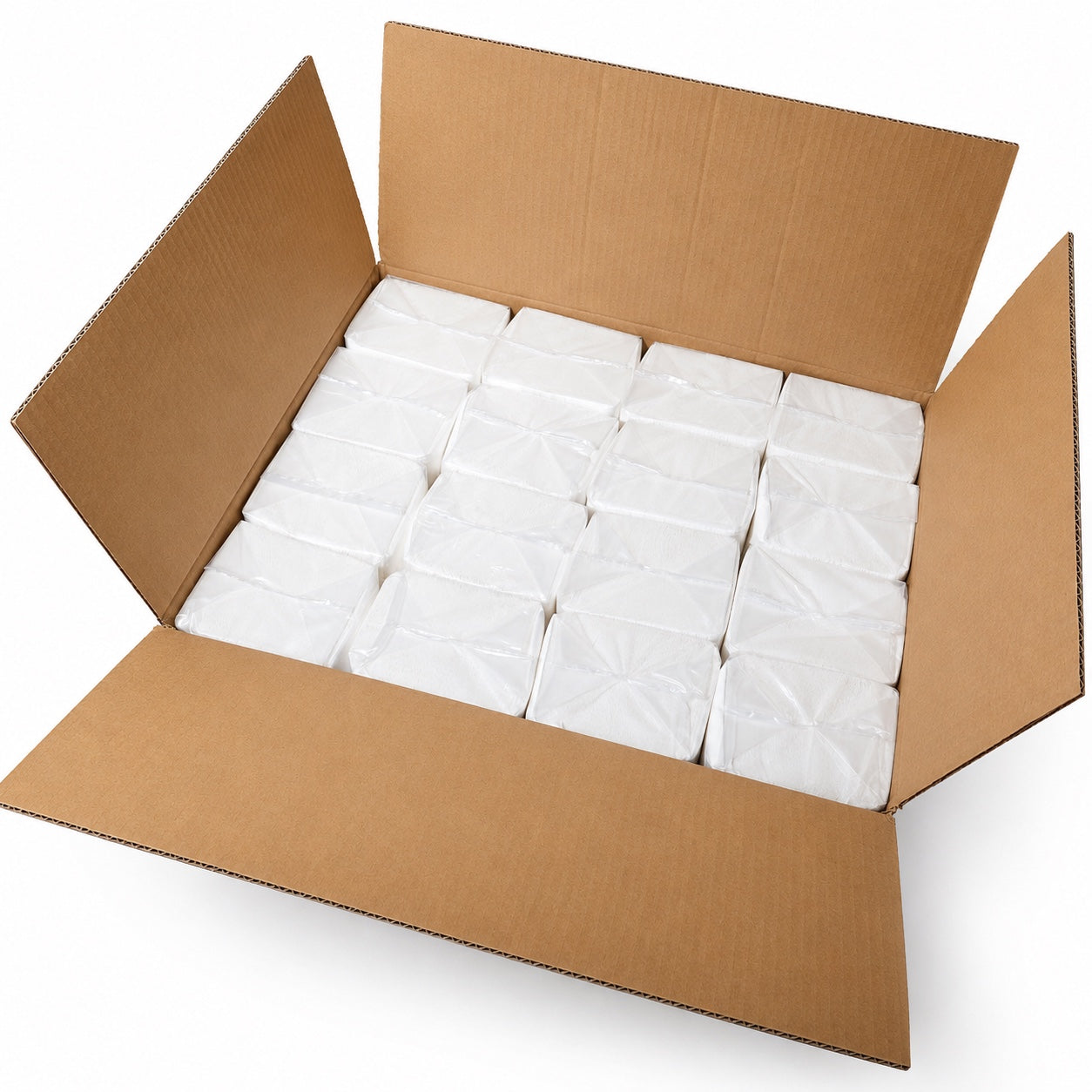 Open case of V-fold paper hand towels with 16 commercial packs