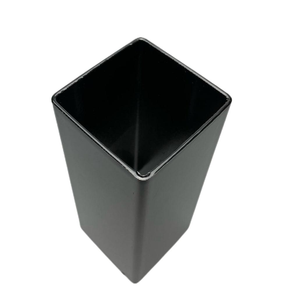 Black powder-coated square steel fence post sample angled view